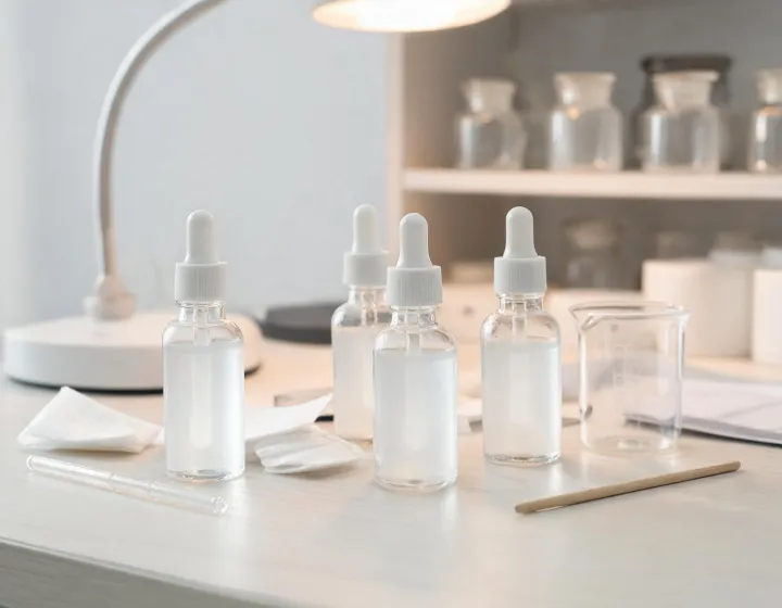 niacinamide serum benefits on a cosmetics bench, illustration only