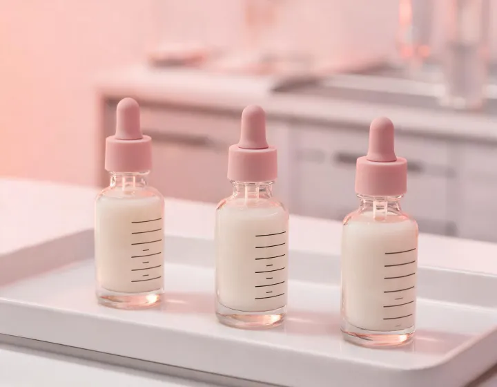 Niacinamide serum bottles on a lab tray, illustration only